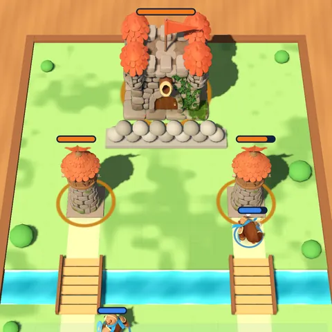 A toy fort with orange roofs behind a blue moat and two wooden bridges